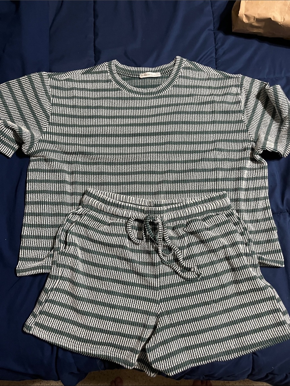 Zenana Outfitters Green and White Striped Knit Top & Shorts Set - Picture 2 of 2